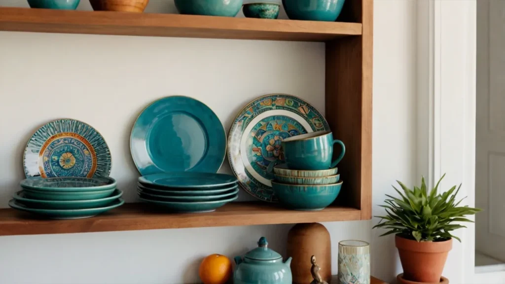 Kitchen shelf with mismatched plates, brass vase, and teal pot with orange cloth—Kylie’s boho eclectic vibe.