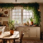 Kitchen counter with faux ivy, fringed runner, wicker pendant, and fairy lights—Kylie’s boho soul vibe.