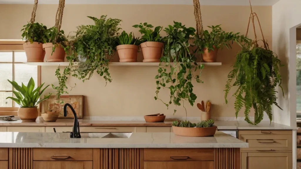 Kitchen counter with spilling faux ivy and a macrame fern hanger—Kylie’s boho plant vibe