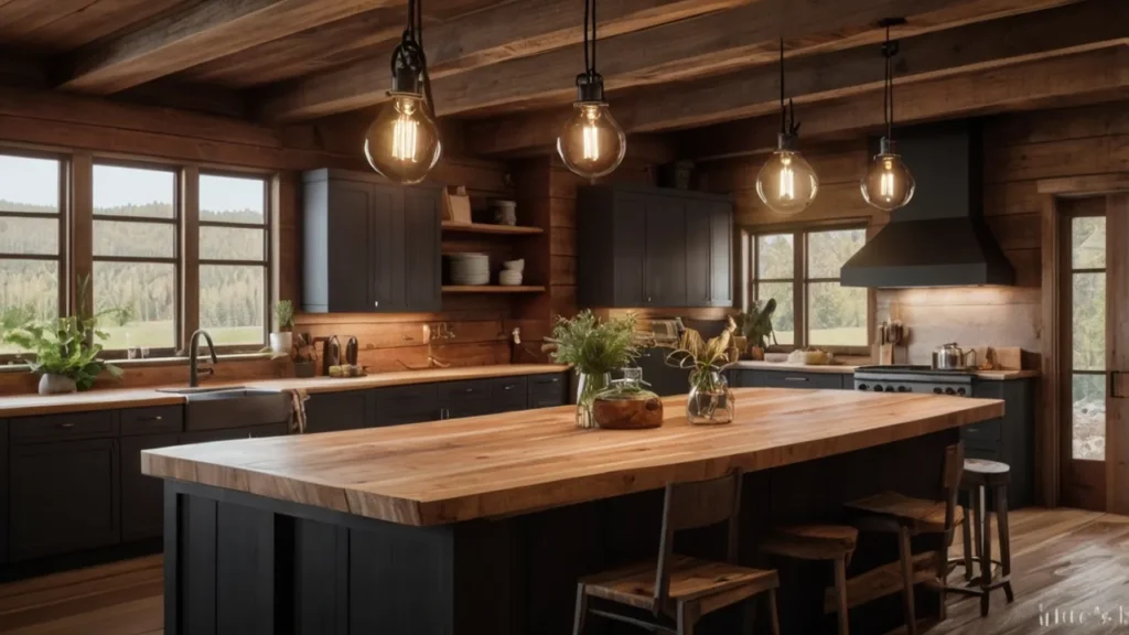 Rustic black iron pendant glowing over a kitchen island—Kylie’s cozy pendant vibe