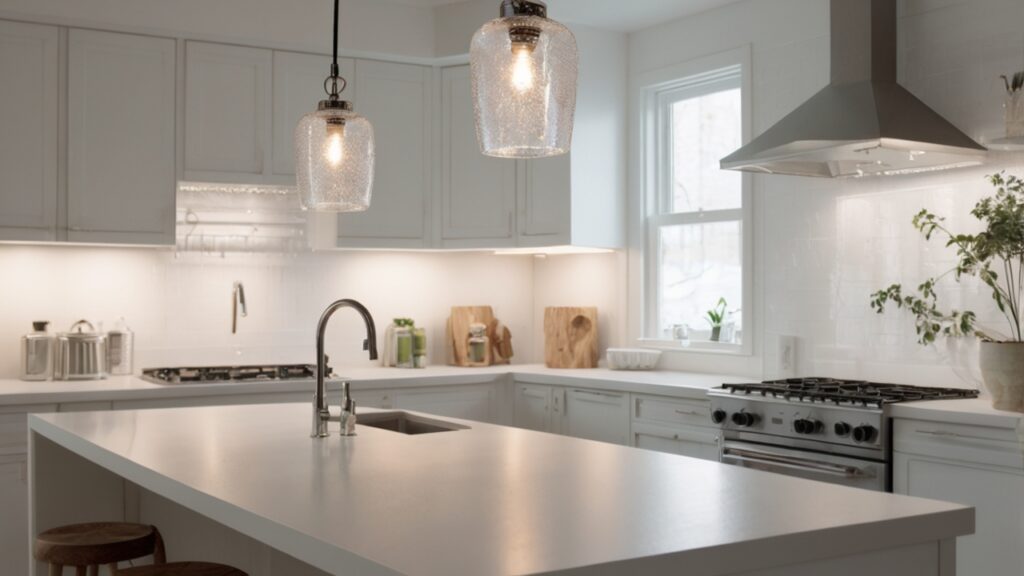 Frosted and clear glass pendants glowing over a kitchen sink—Kylie’s sparkly pendant vibe.