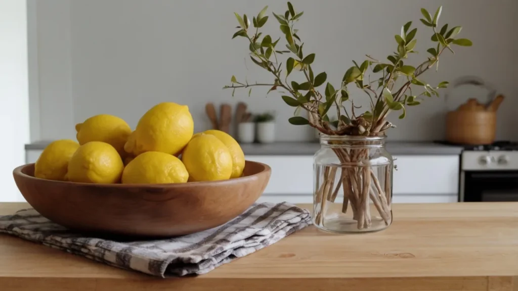 Kitchen island with a lemon bowl, plaid runner, and twig vase—Kylie’s pro seasonal vibe.