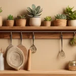 Rustic wooden shelf above a kitchen counter with a faux succulent, paintbrush, and twine-wrapped pieces—Kylie’s DIY cozy vibe