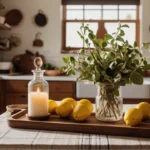 Vibrant kitchen island with a rustic tray, faux basil pots, glowing pendant and fairy lights, and a bowl of lemons on a plaid runner—Kylie’s decor ideas in action.