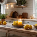 Rustic kitchen island with a tray, herb pot, fairy lights, pendant, and lemon bowl—Kylie’s pro styling vibe.