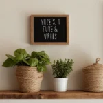 Rustic wooden shelf with twine, a faux basil pot, ‘Vibe’ sign, and crate lift—Kylie’s DIY vibe in action.