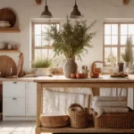 Weathered plank, rustic shelf with basil, and a sink basket—Kylie’s farmhouse kitchen vibe.