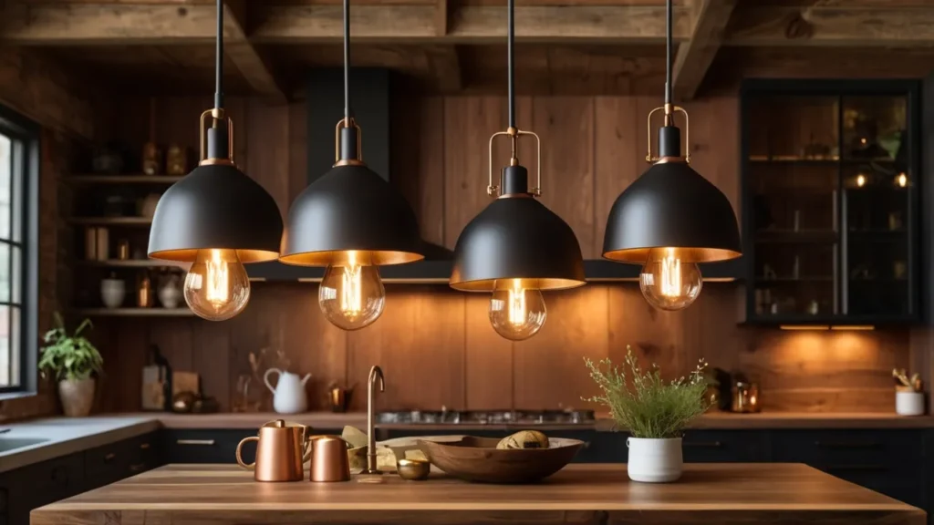 Mini black, gold, and copper pendants glowing over a kitchen island—Kylie’s cozy mini vibe.