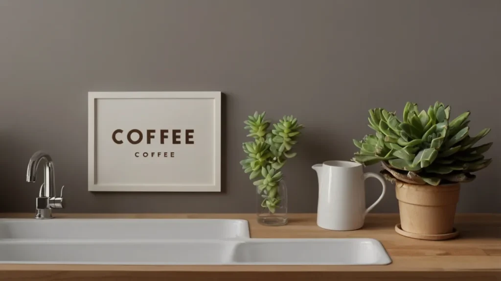 Finished ‘Coffee’ sign above a kitchen sink with a faux succulent—Kylie’s DIY vibe on display.