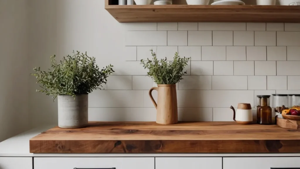 Weathered wooden plank, tray, and walnut cutting board on a kitchen counter—Kylie’s farmhouse wood vibe.