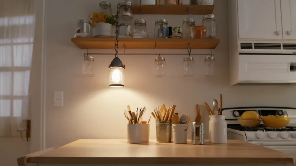 DIY mason jar and tin can pendants glowing over a kitchen counter—Kylie’s quirky pendant vibe.