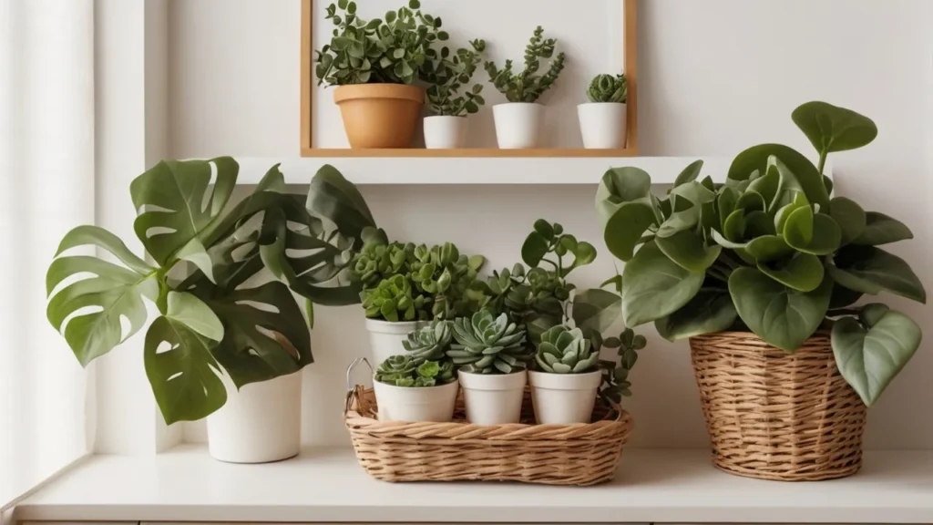 Kitchen cabinet top with faux ivy, small succulents, and a wicker basket monstera—Kylie’s greenery decor vibe.