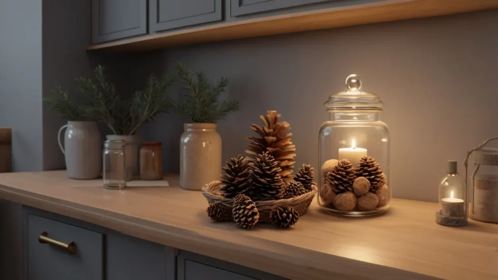 Kitchen cabinet top with a jar of pinecones, fairy lights, and a basket—Kylie’s winter seasonal decor vibe.