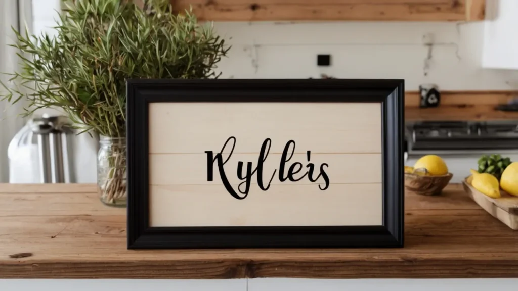 Rustic plank, black frame, and cardboard on a kitchen counter—Kylie’s DIY kitchen sign bases.