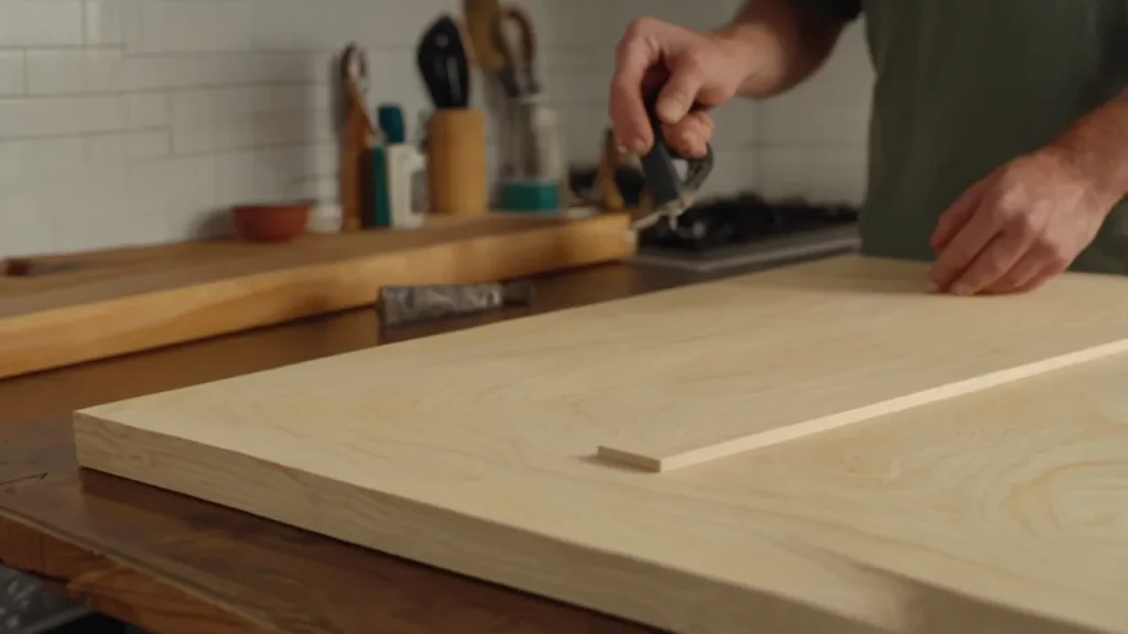 Sanded wooden shelf with sandpaper and a stained rag—Kylie’s rustic DIY in progress.