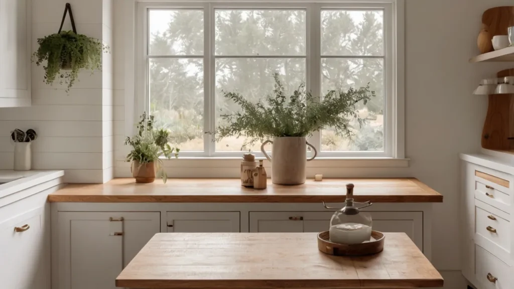 White wall, gray runner, and cream jug with faux herbs in a kitchen nook—Kylie’s farmhouse neutral vibe.