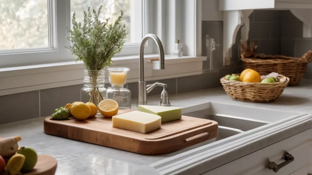 Kitchen sink with a wooden board, rustic basket, and white pitcher—Kylie’s farmhouse sink vibe.