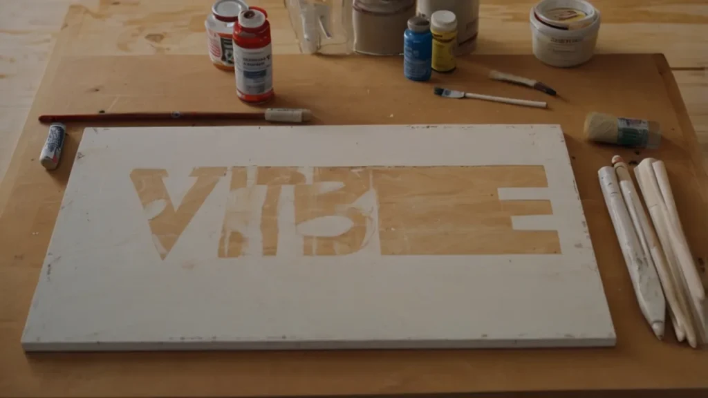 Wooden sign with a white base, ‘Vibe’ stencil, and paintbrush—Kylie’s DIY sign in progress.