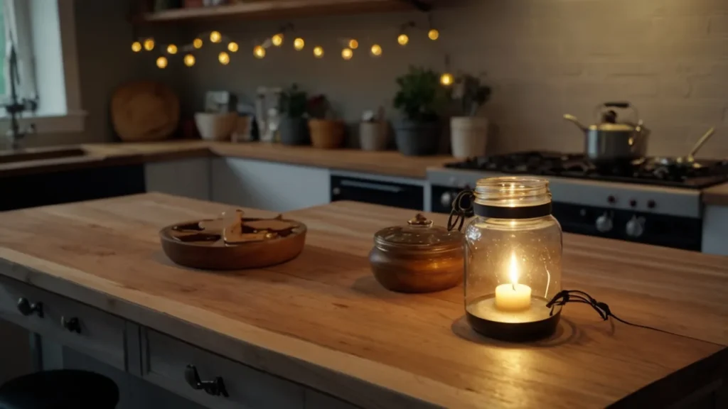 Kitchen island with a black pendant, fairy lights, and beeswax candle—Kylie’s pro lighting vibe.