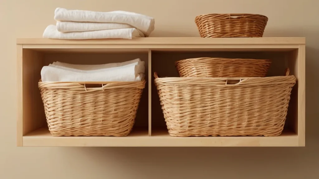 Kitchen cabinet top with woven baskets, one stacked on a crate—Kylie’s rustic storage decor idea.