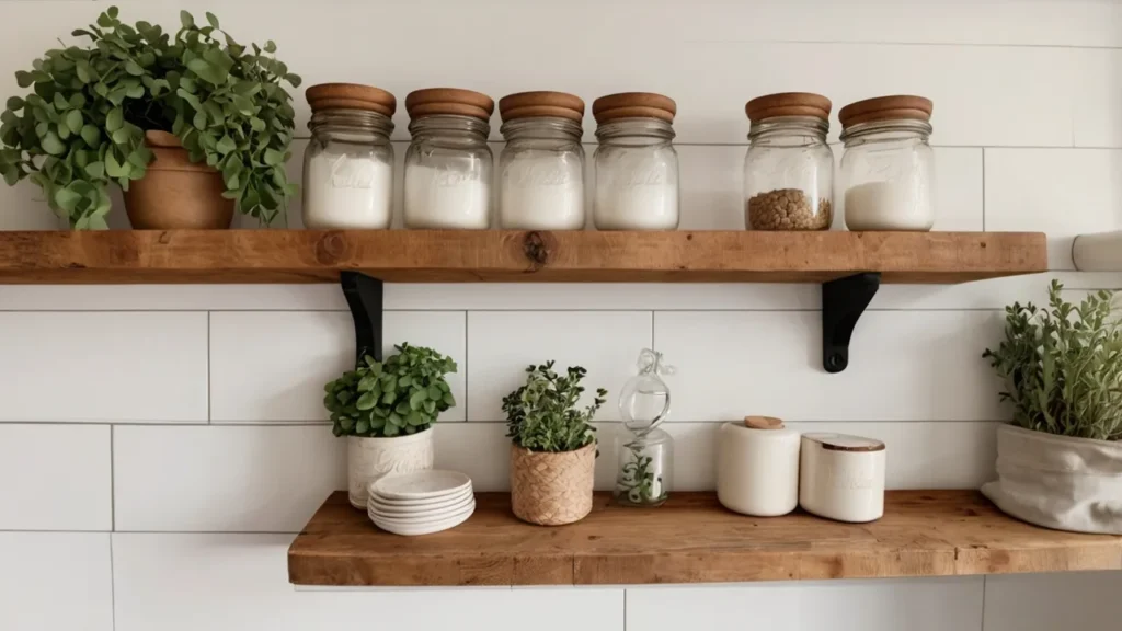 Rustic open shelf with white jars, faux basil, and a wooden spoon—Kylie’s farmhouse vibe.