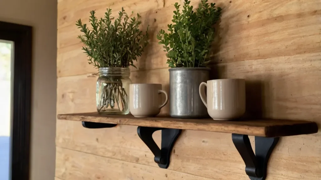 Rustic wooden shelf with mugs and a faux herb—Kylie’s cozy shelf vibe.