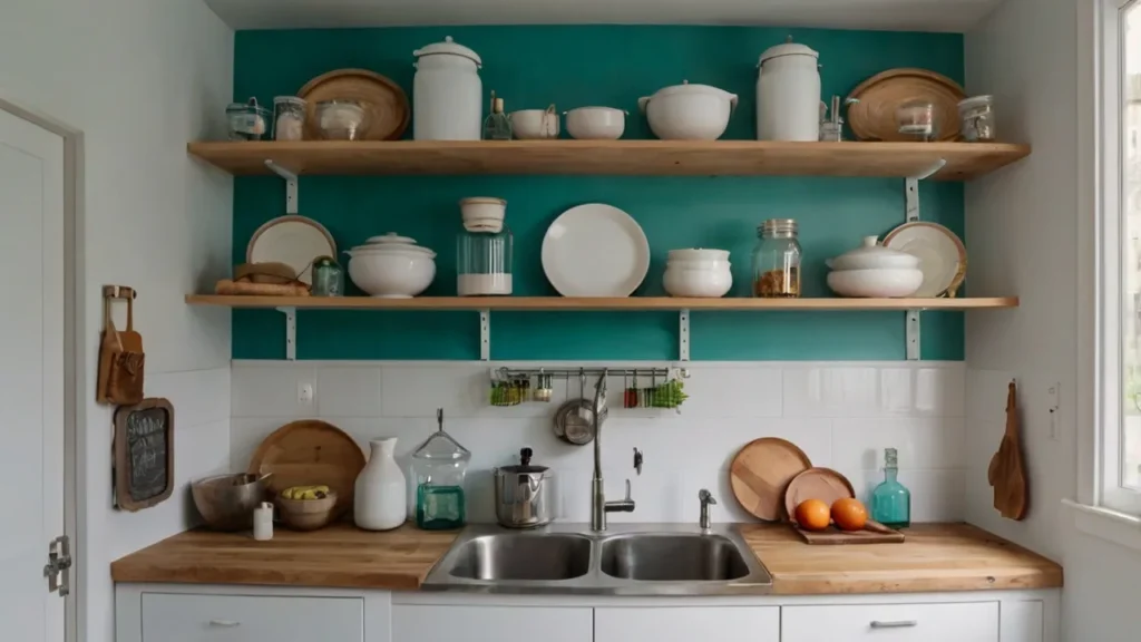 White and teal floating shelves with jars—Kylie’s light shelf vibe.