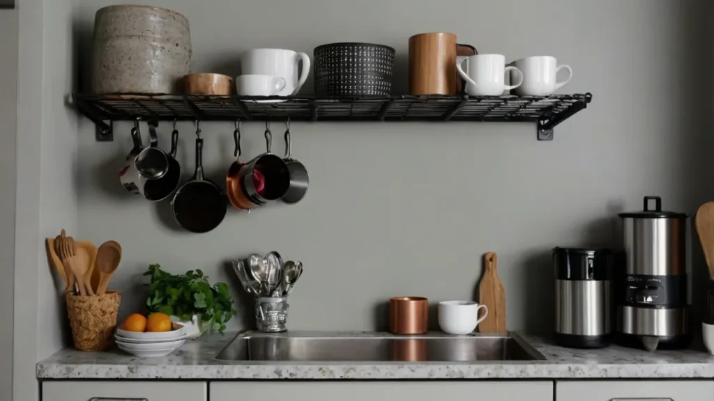 Black metal shelf with pots and a wire rack with mugs—Kylie’s bold shelf vibe.