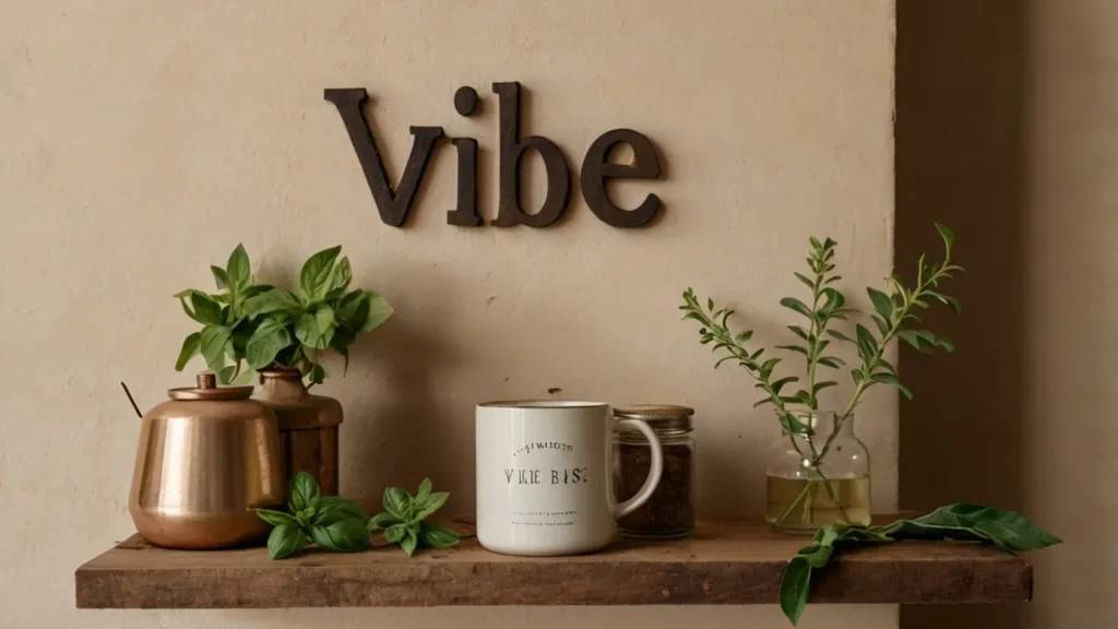 Rustic shelf with faux basil, ‘Vibe’ sign, and mug-candle duo—Kylie’s styled shelf vibe.