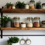 Rustic, metal, and floating shelves with herbs, mugs, and pots—Kylie’s cozy shelf vibe.