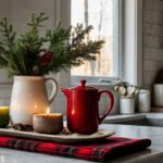 Kitchen counter with candles, plaid runner, pine sprigs, and red mug—Kylie’s winter vibe.