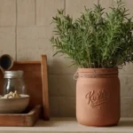 Kitchen counter with faux basil jar, twine-wrapped rosemary tin, and terracotta pot—Kylie’s DIY green vibe.