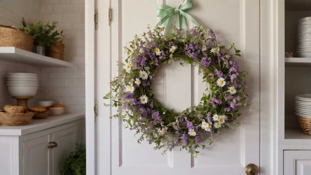 Kitchen pantry door with a pastel lavender wreath and daisies—Kylie’s spring wreath vibe.