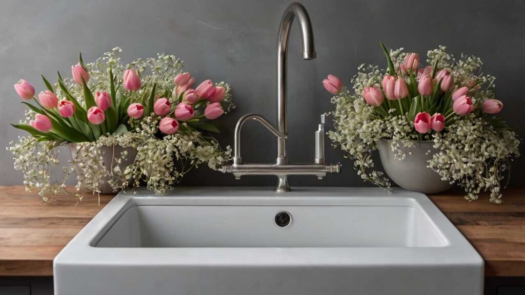 Kitchen sink with a floral garland of tulips and baby’s breath—Kylie’s spring garland vibe.