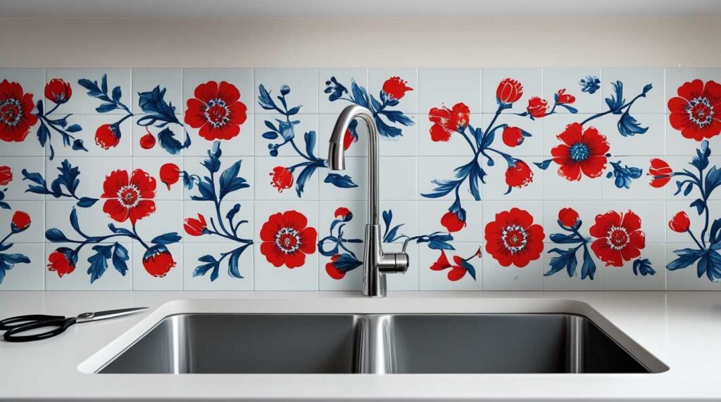 Kitchen sink with floral tile stickers and scissors—Kylie’s budget tile hack vibe.