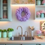 Kitchen counter with a pastel wreath, jar planters, floral garland, and spring sign—Kylie’s spring DIY vibe.