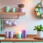 Tidy kitchen counter with spring decor, organized shelf, and pastel wreath—Kylie’s spring organization vibe.