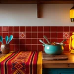 Kitchen counter with a serape runner, teal pot, tile stickers, and lantern—Kylie’s Mexican spice vibe.