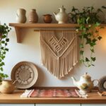 Kitchen shelf with ivy planter, macrame, rug, teapot, and bird—Kylie’s boho styling vibe.