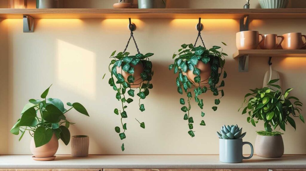 Kitchen shelf with hanging ivy planters and a succulent—Kylie’s boho plant vibe.