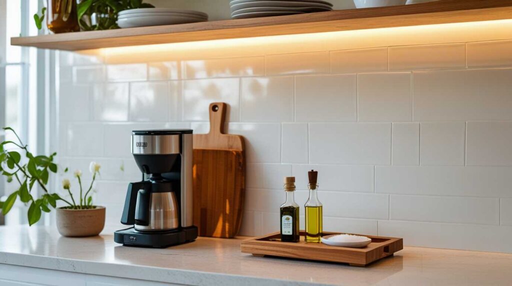 Decluttered kitchen counter with coffee maker, cutting board, and tray—Kylie’s spring organization vibe.