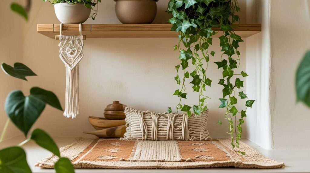 Kitchen shelf with an earthy rug, ivy planter, and macrame—Kylie’s boho rug vibe.